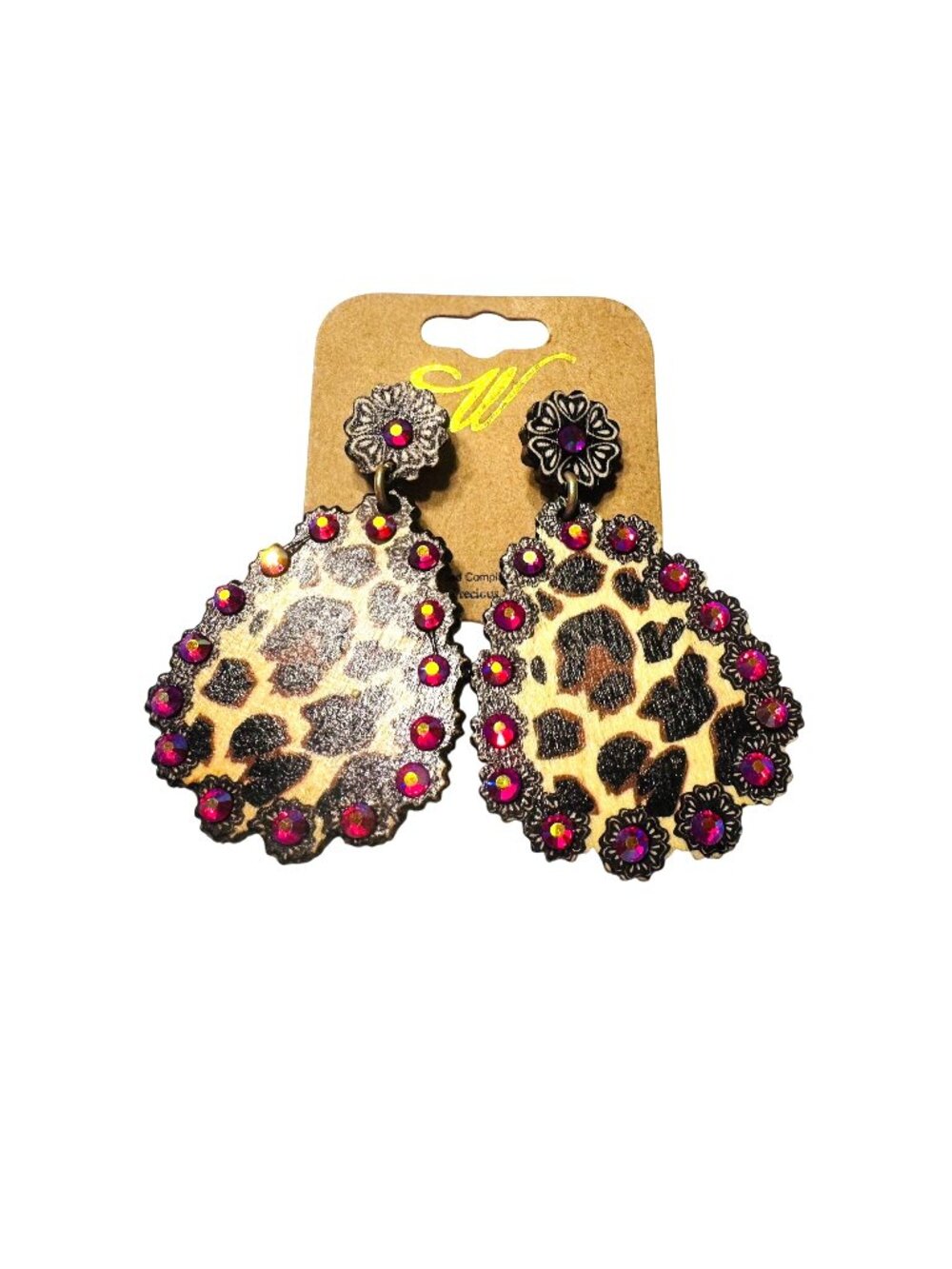 Leopard Print Wooden Tear Drop Earrings With Pink Rhinestones